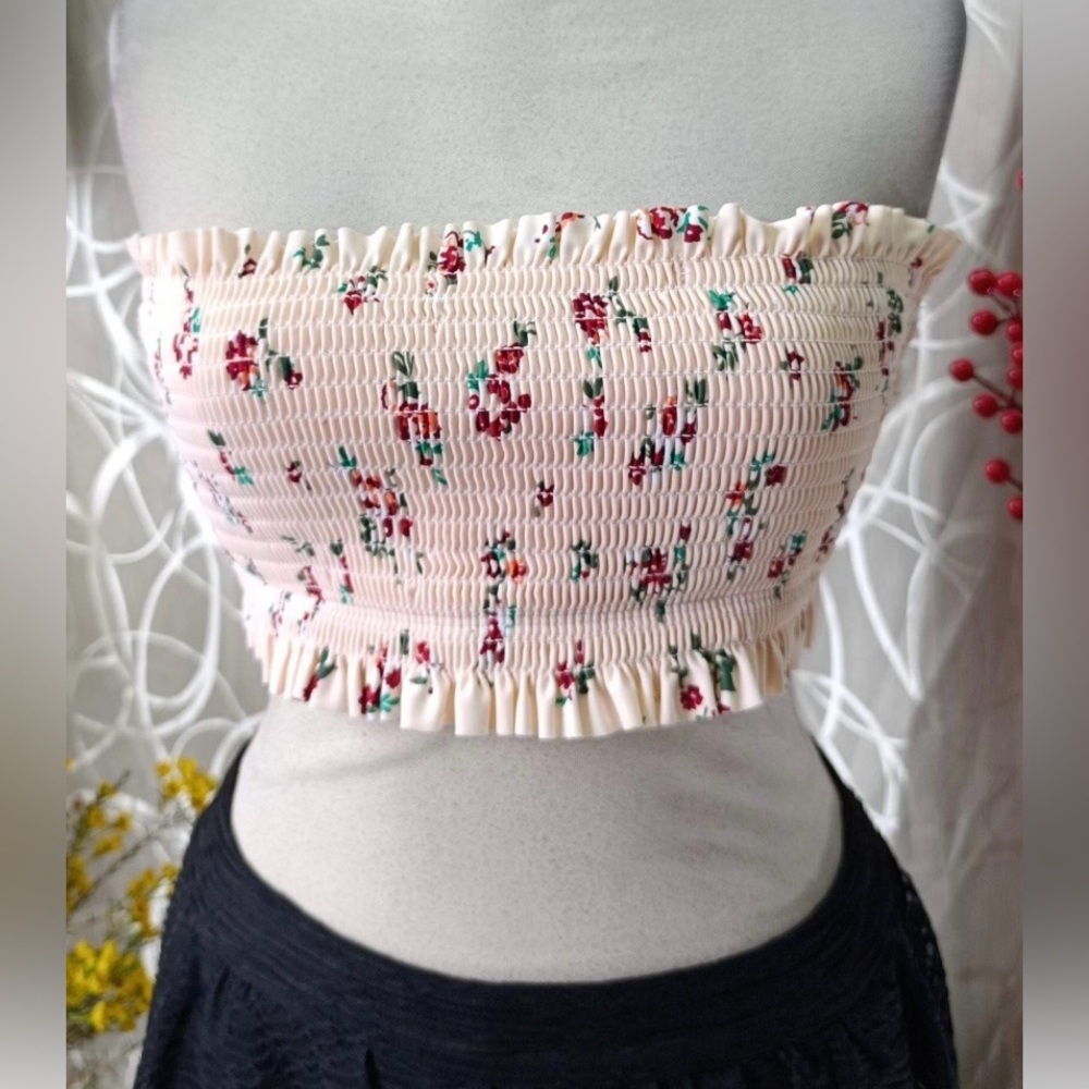 XHILARATION Floral Smocked Bandeau Swim Crop Top